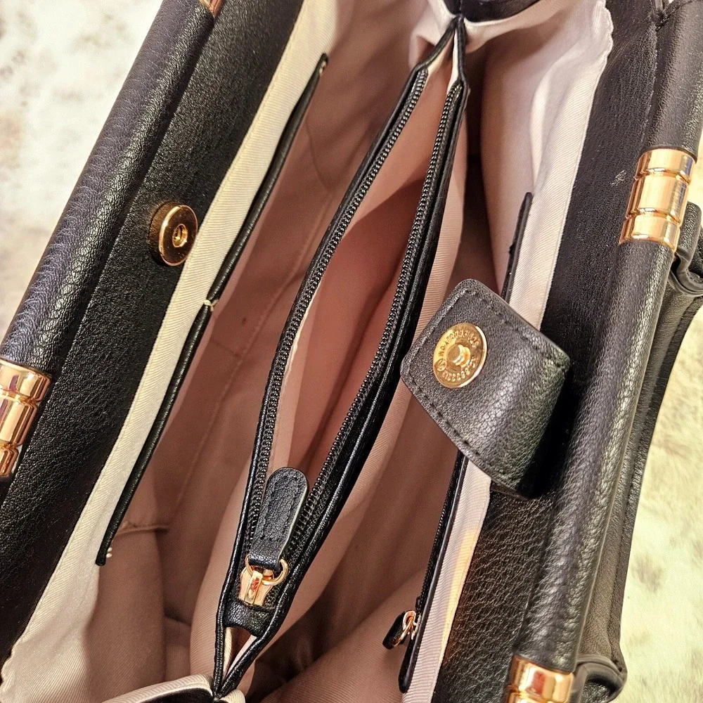 Lauren Conrad Black Faux Pebble‎ Leather & Suede Handbag Satchel Purse Rose Gold